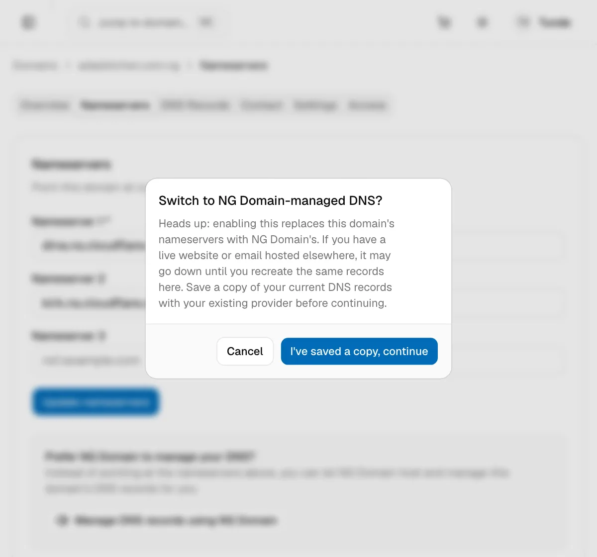 The Switch to NG Domain-managed DNS confirmation, warning that the switch replaces the domain's nameservers
