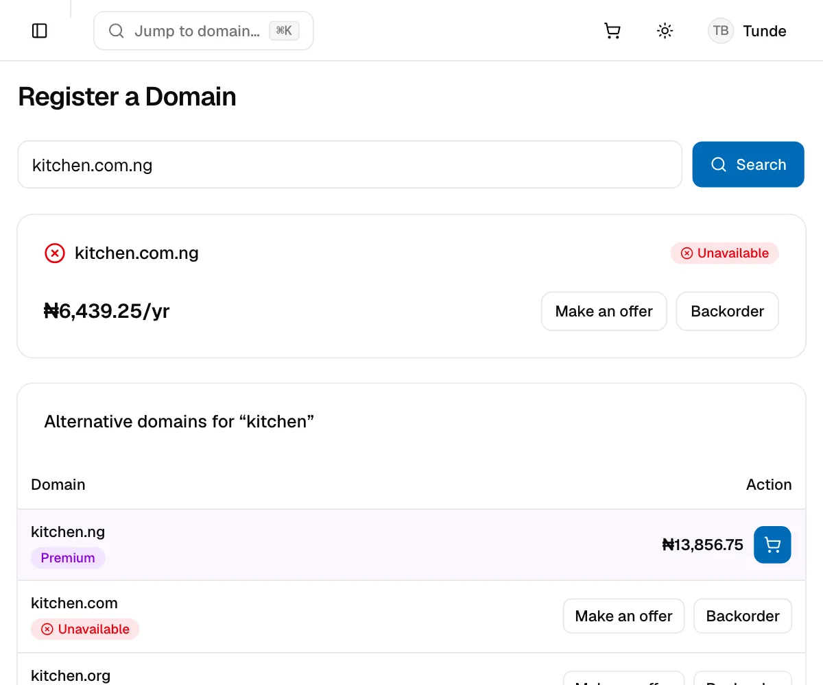 A search result for a registered domain, marked Unavailable, with Make an offer and Backorder buttons
