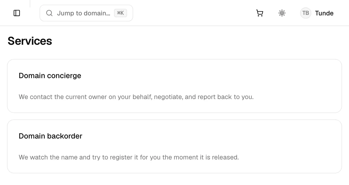 The Services page with cards for Domain concierge and Domain backorder
