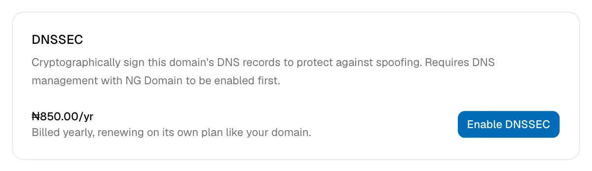 The DNSSEC card on the Settings tab, with its yearly price and an Enable DNSSEC button