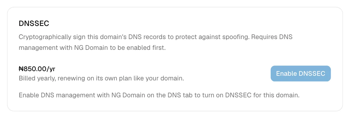 The DNSSEC card with Enable DNSSEC greyed out and a note to enable DNS management with NG Domain first