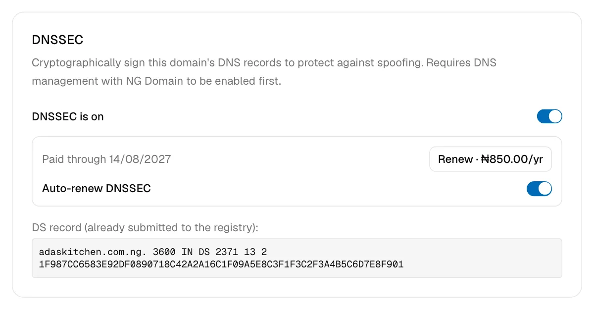 The DNSSEC card for a domain with DNSSEC on, showing the paid-through date, Renew button, Auto-renew DNSSEC switch and DS record