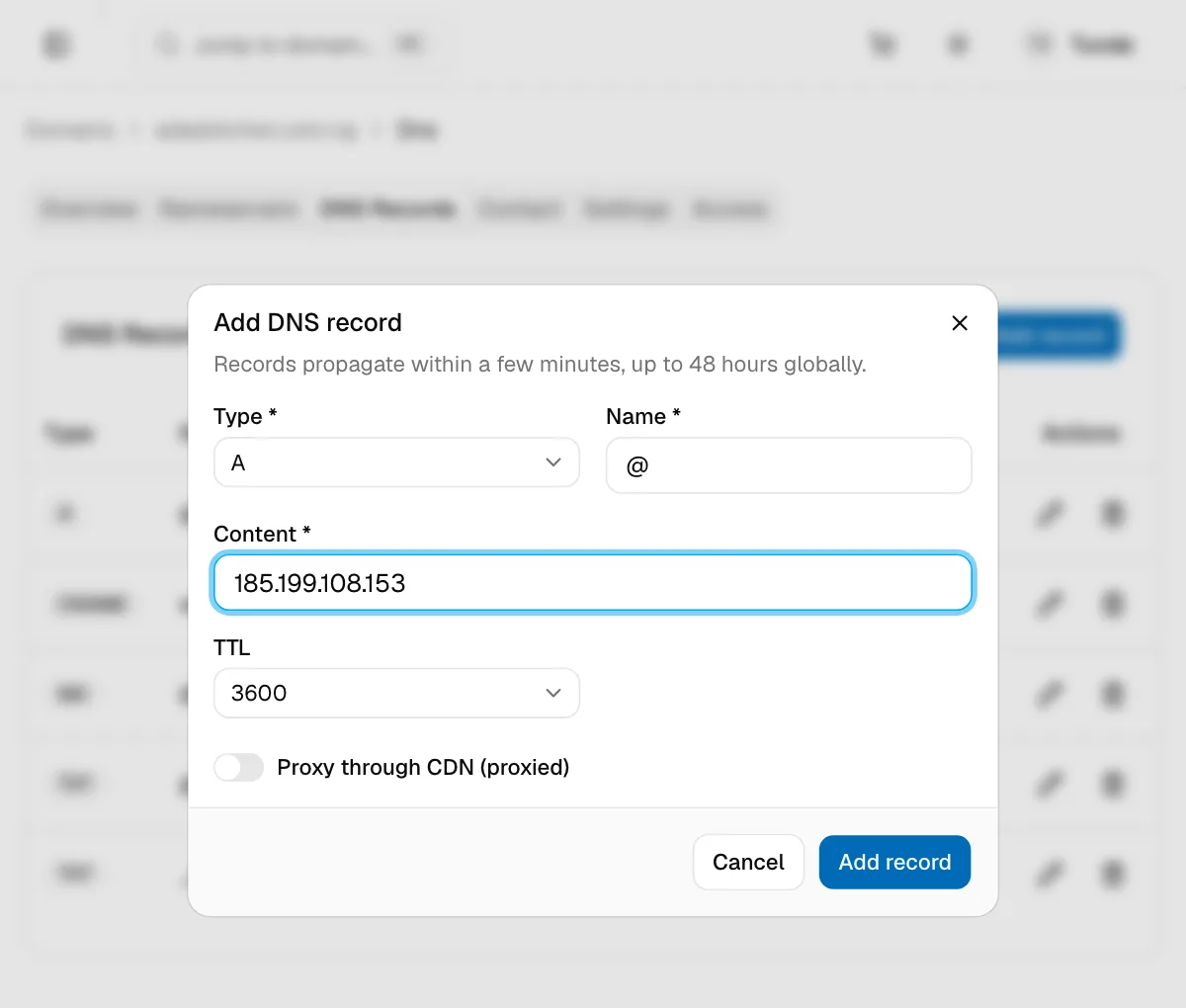 The Add DNS record dialog for an A record, with @ as the name and an IPv4 address as the content