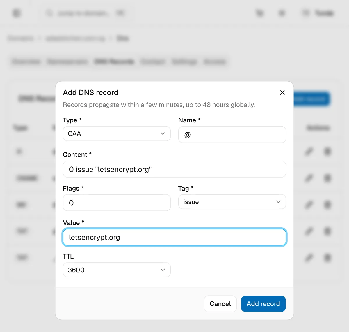 The Add DNS record dialog for a CAA record, with flags, tag and value fields