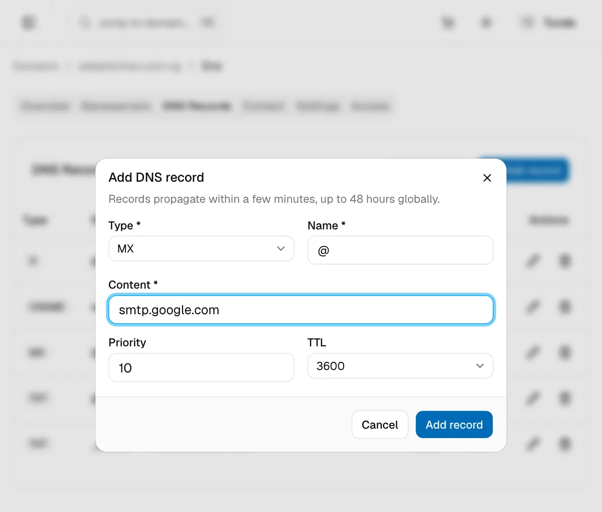 The Add DNS record dialog for an MX record, showing the extra Priority field