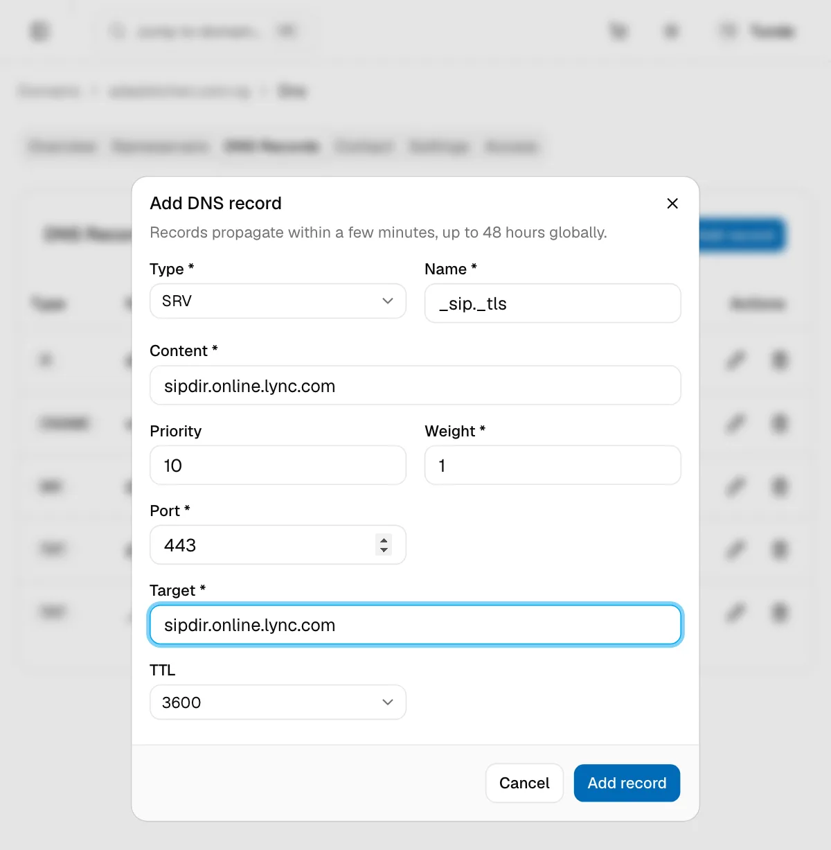 The Add DNS record dialog for an SRV record, with priority, weight, port and target fields