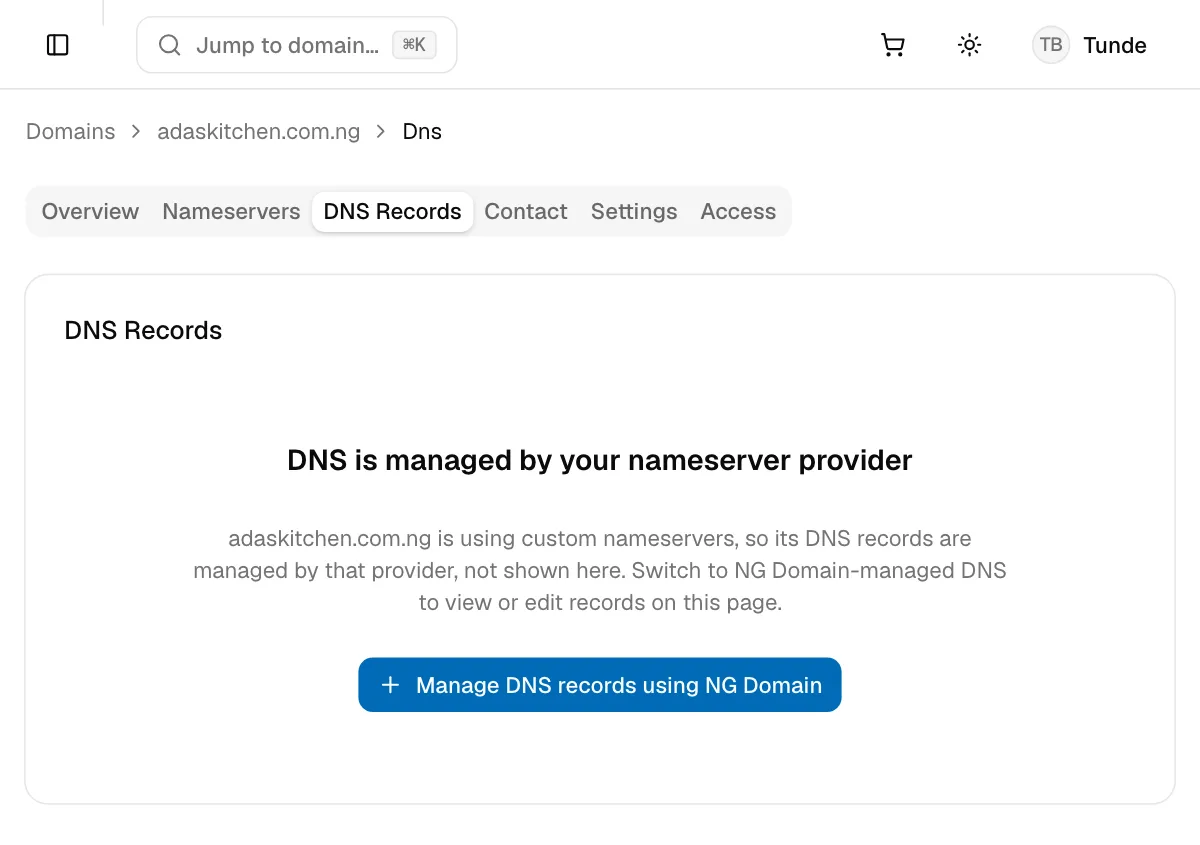 The DNS Records tab explaining that DNS is managed by the domain's nameserver provider, with a Manage DNS records using NG Domain button