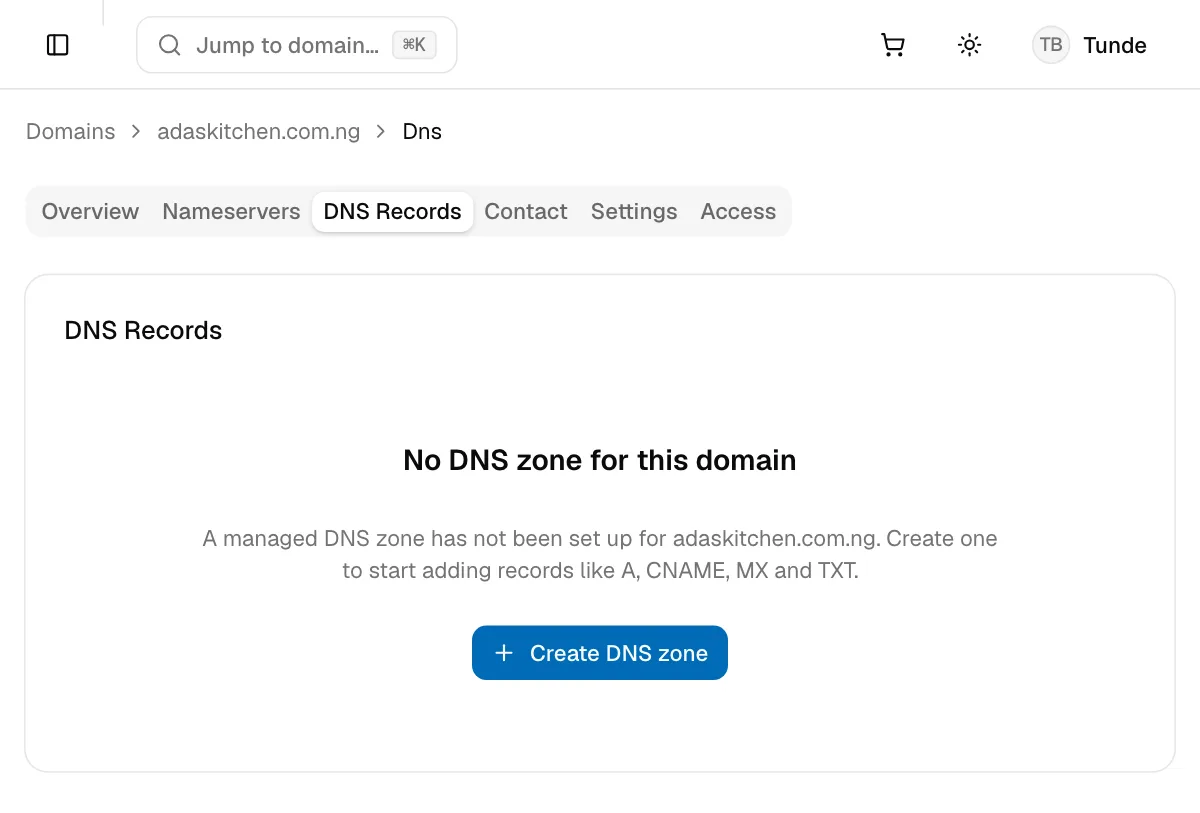 The DNS Records tab with no DNS zone yet and a Create DNS zone button