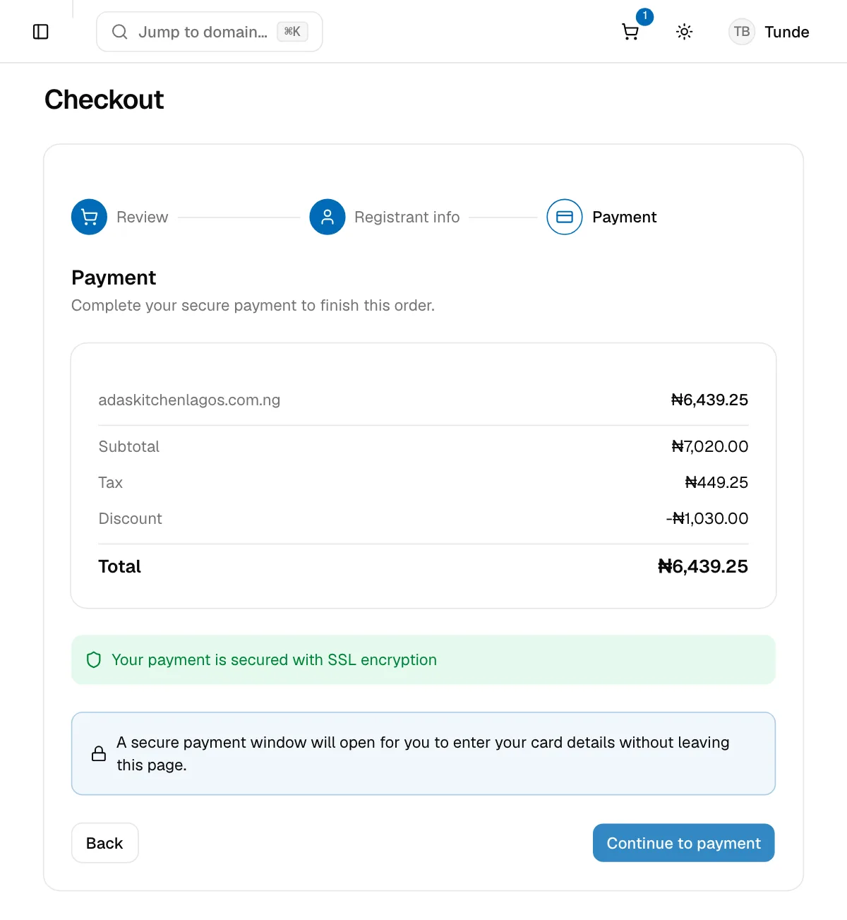 The Payment step of checkout, with the order summary, subtotal, tax, discount and total, and a Continue to payment button