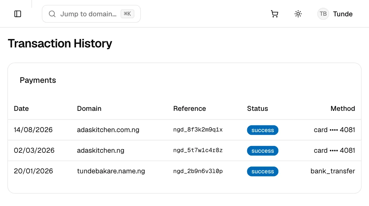 The Transaction History page, listing payments with date, domain, reference, status and payment method