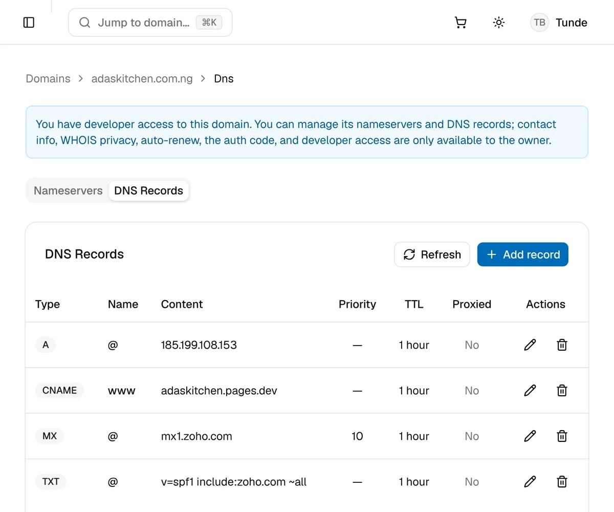 The DNS Records tab as a developer sees it, with a note explaining developer access