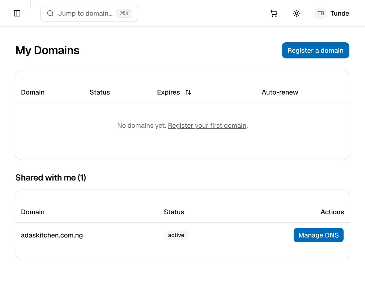 The My Domains page of a developer's account, with the shared domain listed under Shared with me
