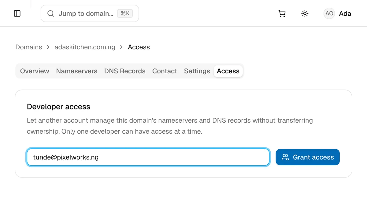 The Access tab of a domain, with the developer's email address entered and the Grant access button
