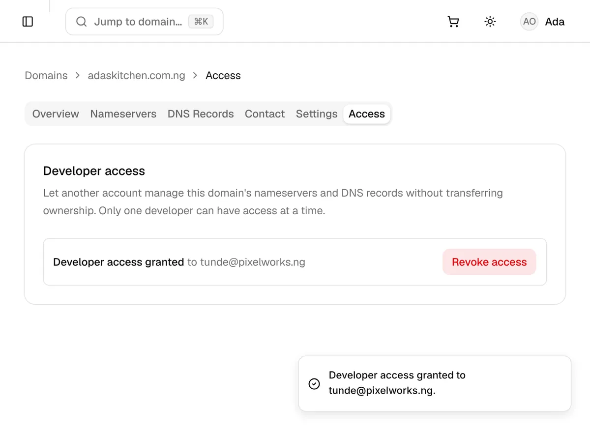 The Access tab confirming developer access was granted, with a Revoke access button