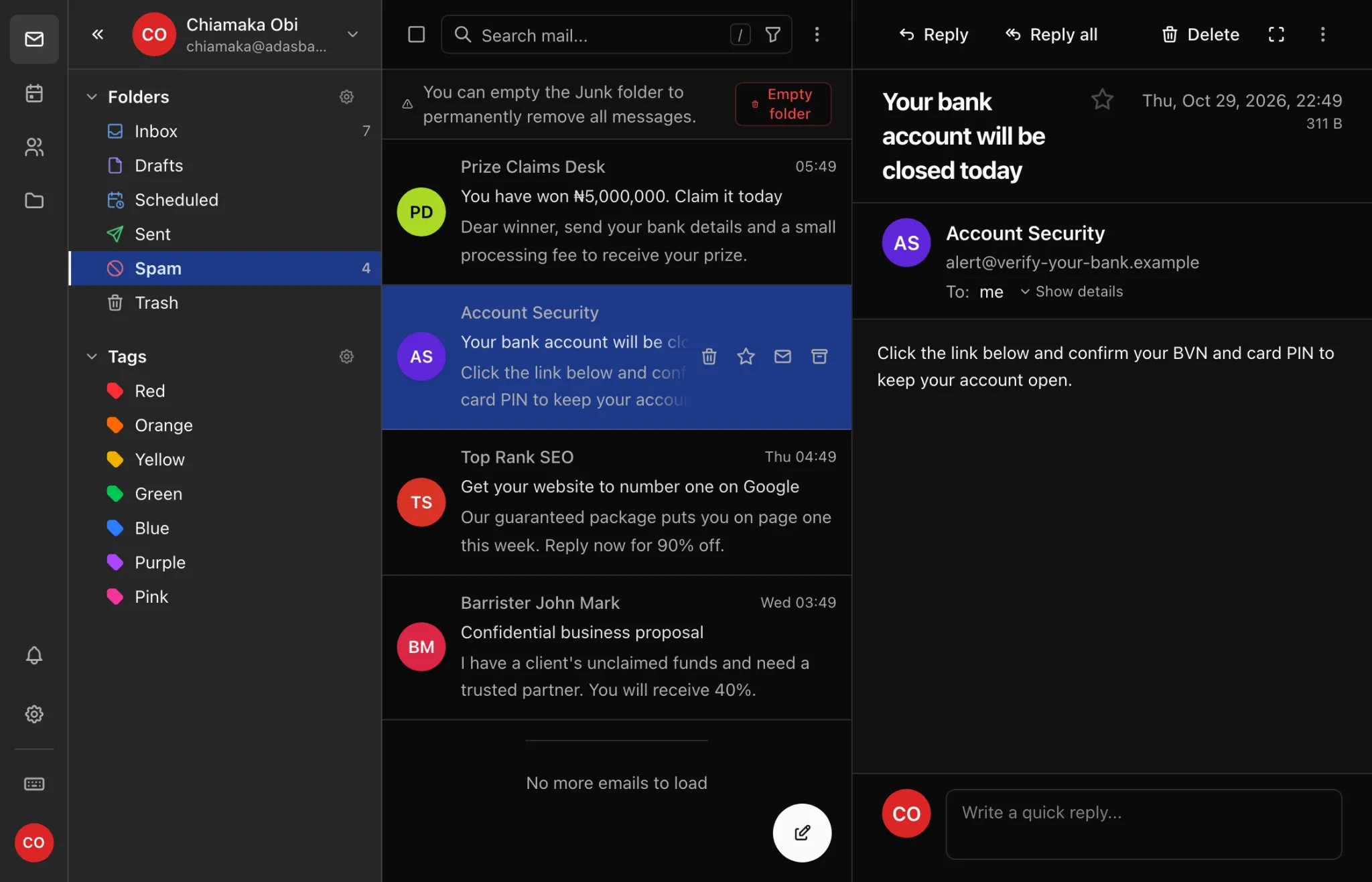 The Spam folder holding a prize scam, a fake bank alert and other junk mail