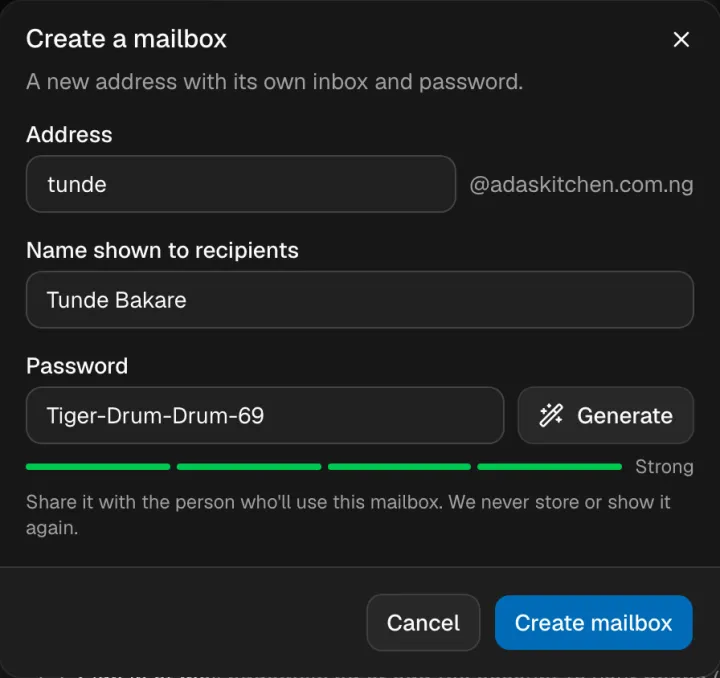 The Create a mailbox dialog with an address, a display name and a generated password