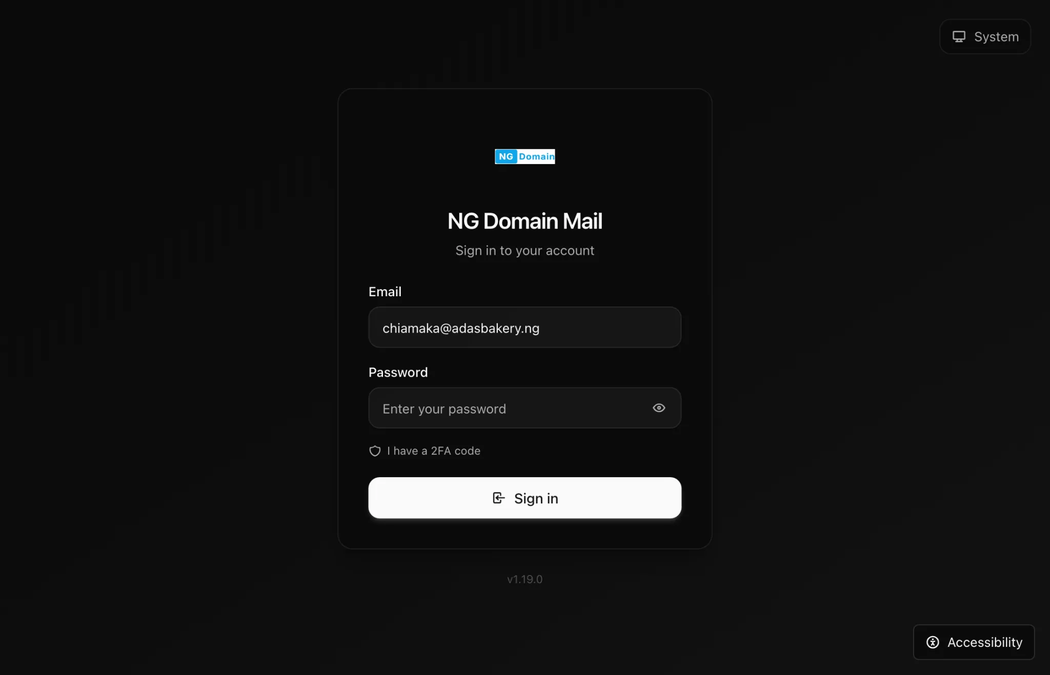 The NG Domain Mail sign-in page, with email and password fields