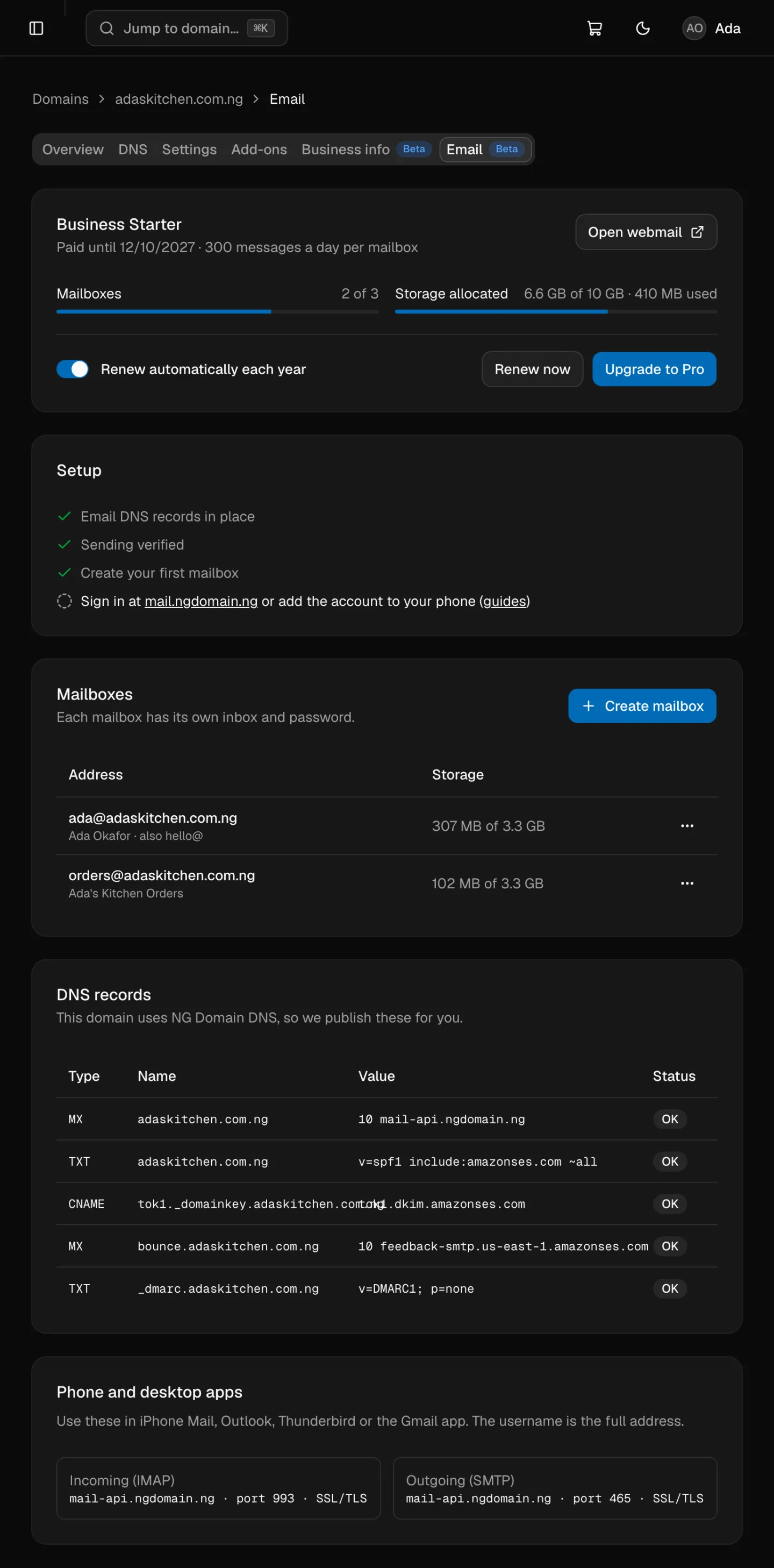 The Email tab with the plan, the setup checklist and two mailboxes