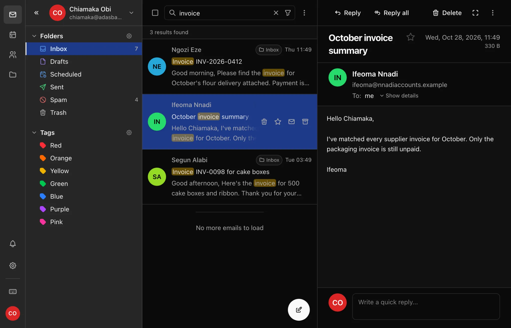 Search results for the word invoice, with every match highlighted