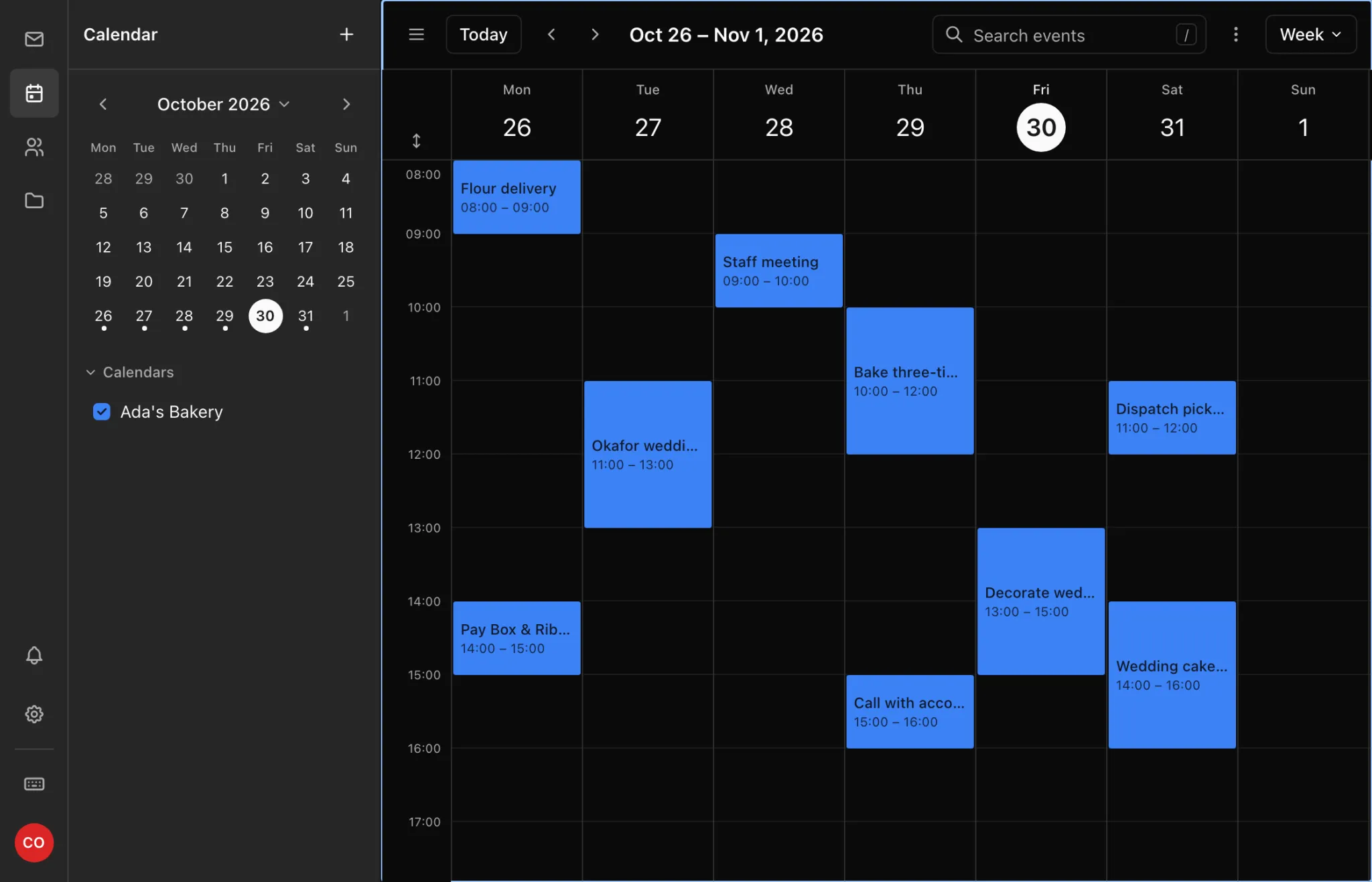A week of deliveries, tastings and meetings in the webmail calendar
