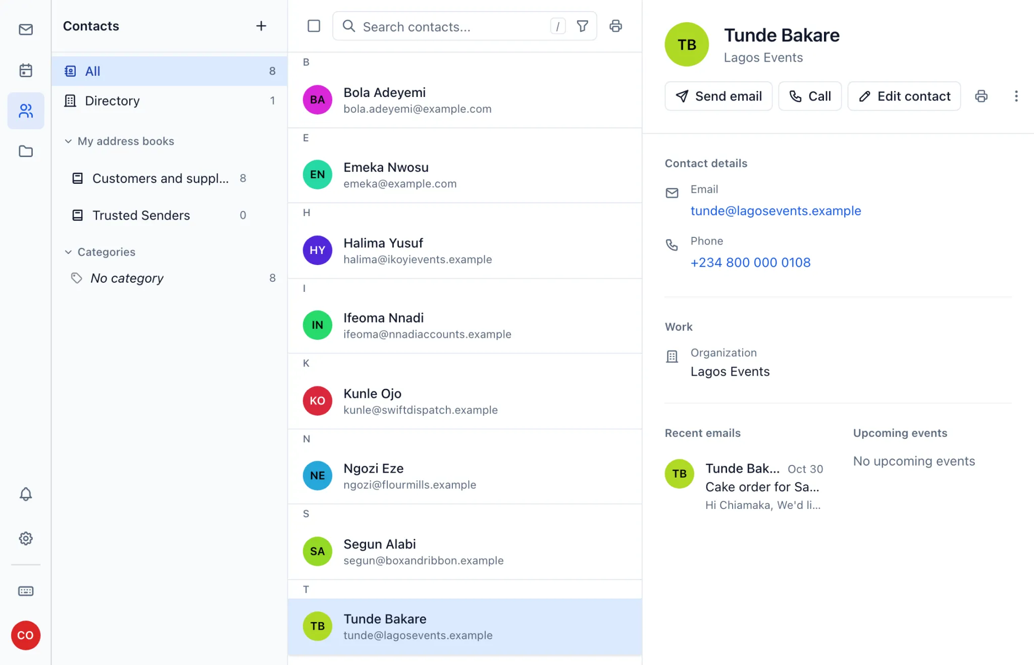 A contact list with one customer open, showing their details and recent emails