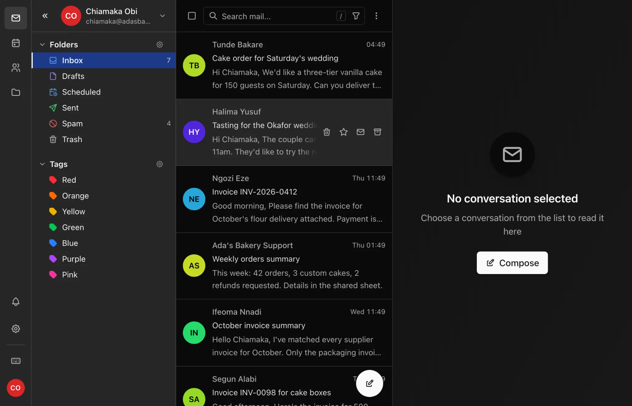 The webmail inbox for chiamaka@adasbakery.ng, with folders on the left and the message list beside them