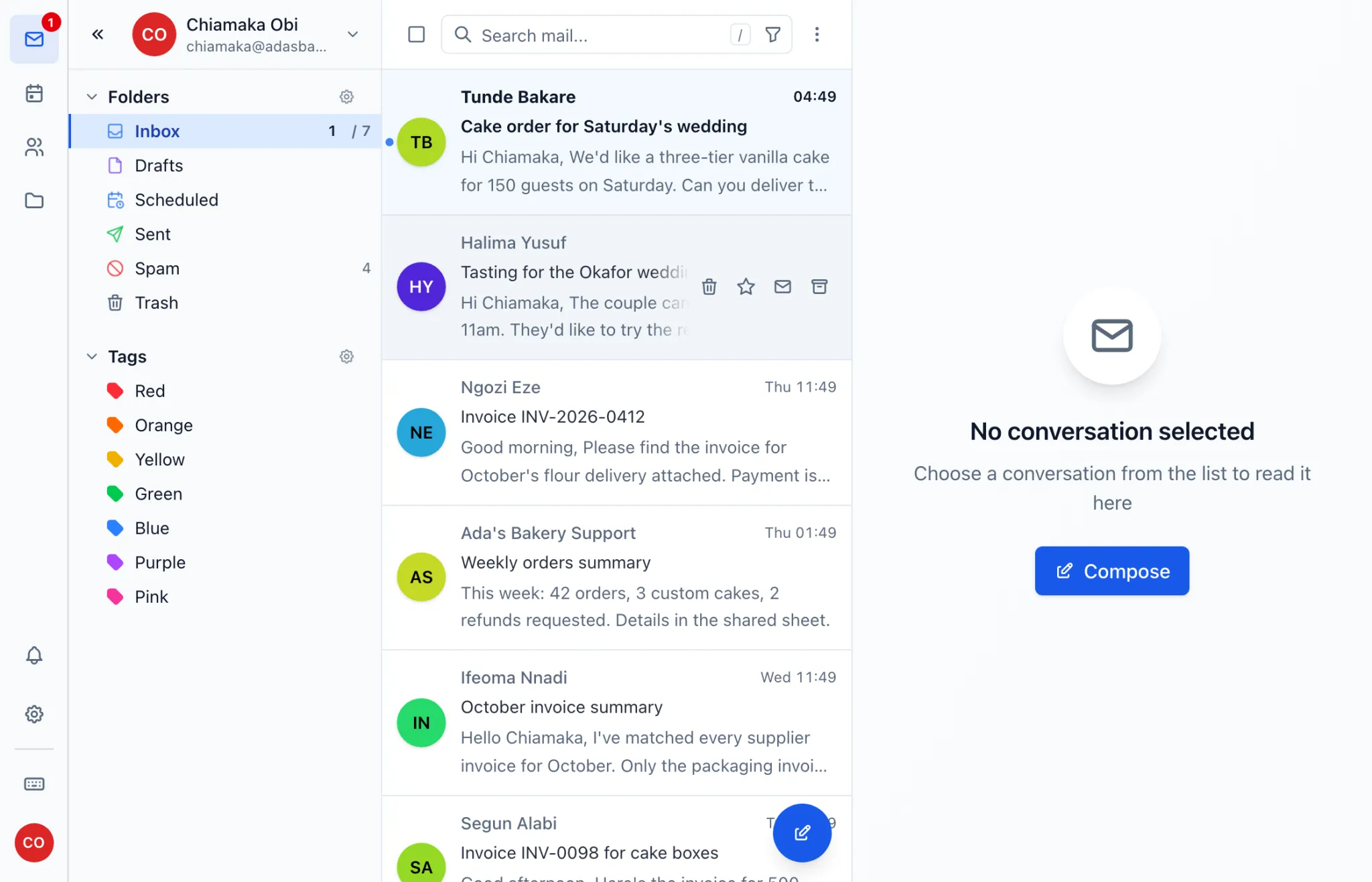 The webmail inbox for chiamaka@adasbakery.ng, with folders on the left and the message list beside them