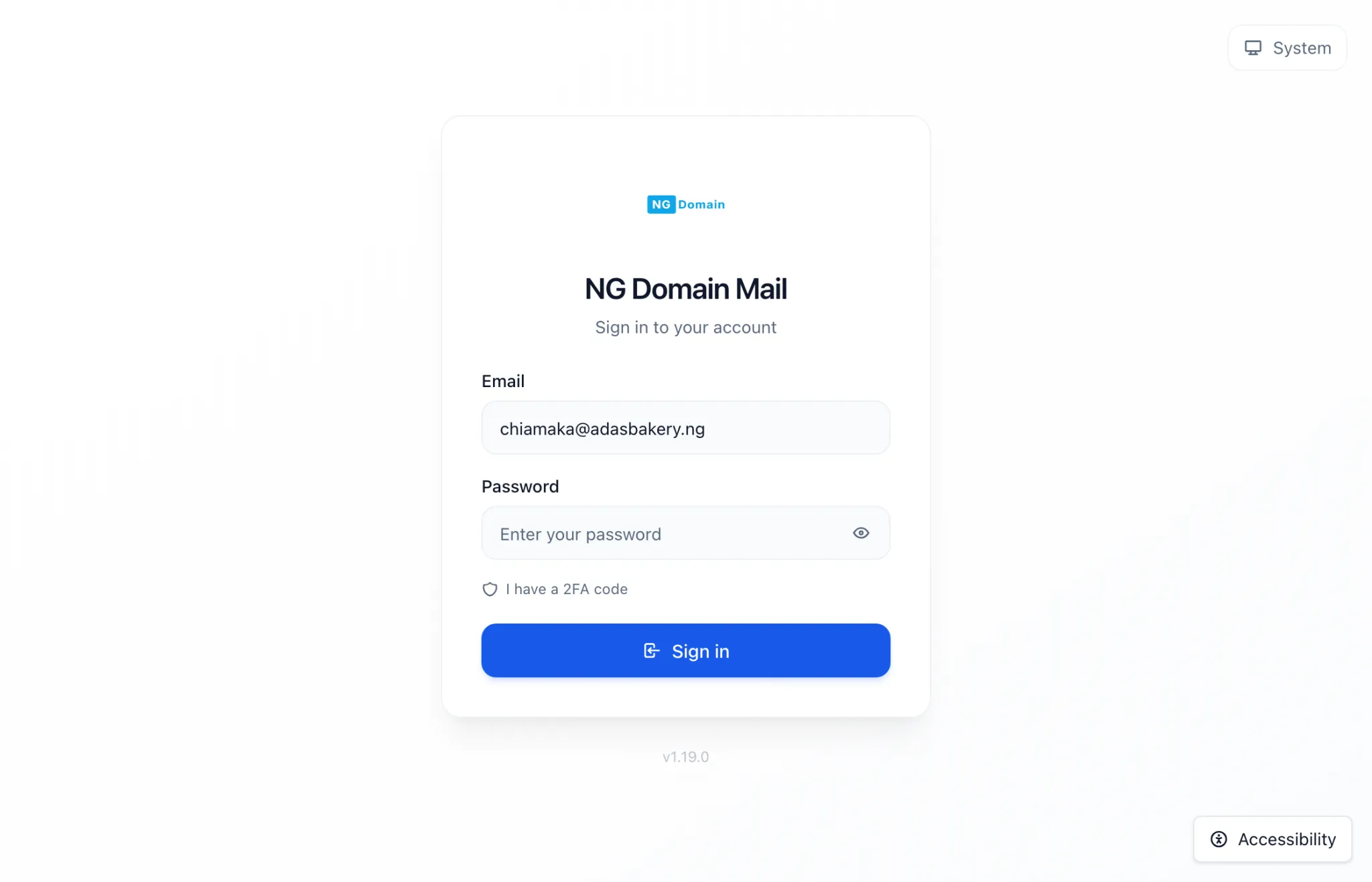 The NG Domain Mail sign-in page, with email and password fields