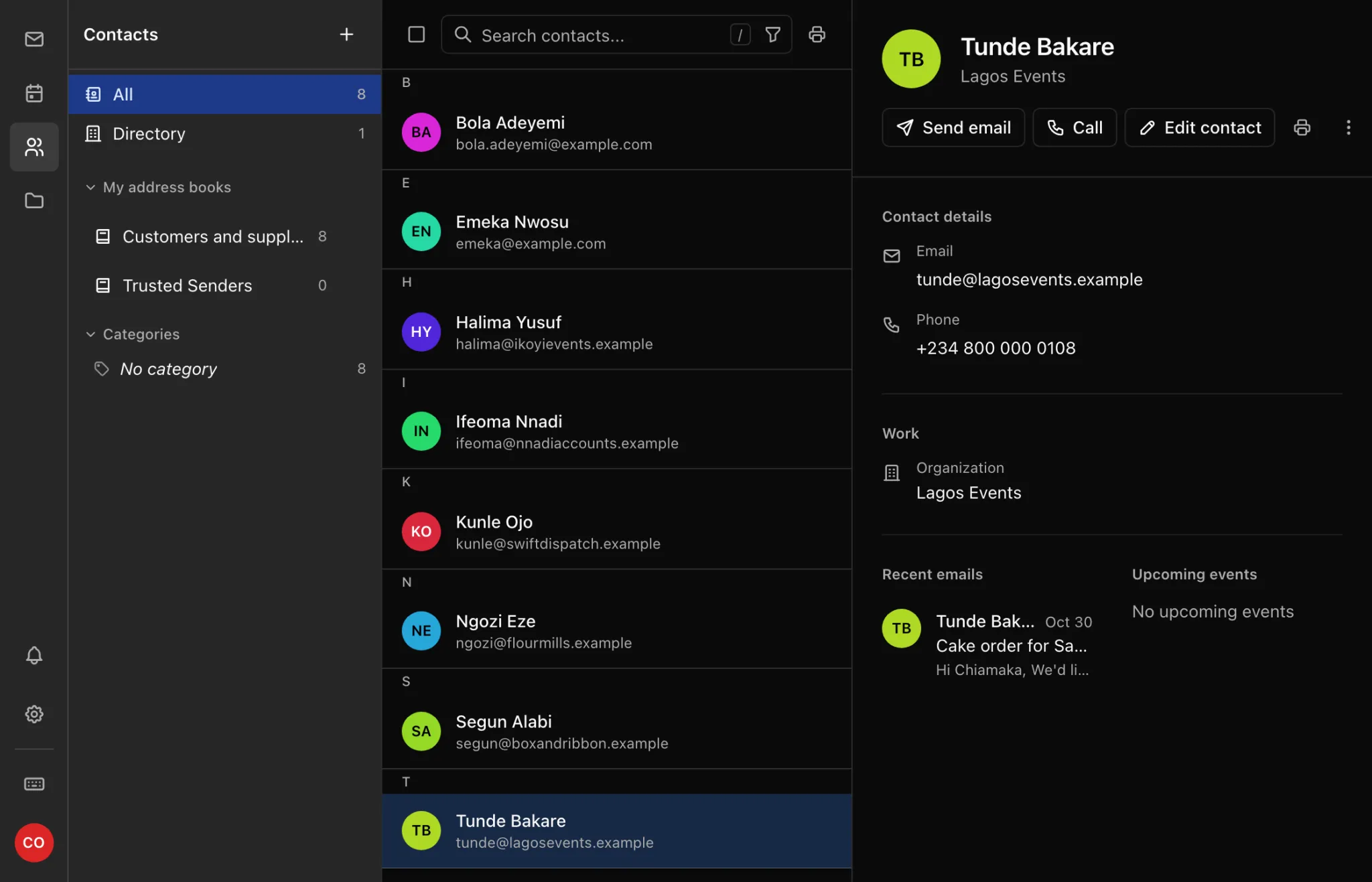 A contact list with one customer open, showing their details and recent emails