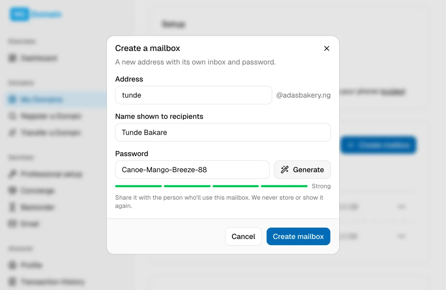 Creating a mailbox in the NG Domain dashboard, with a generated password