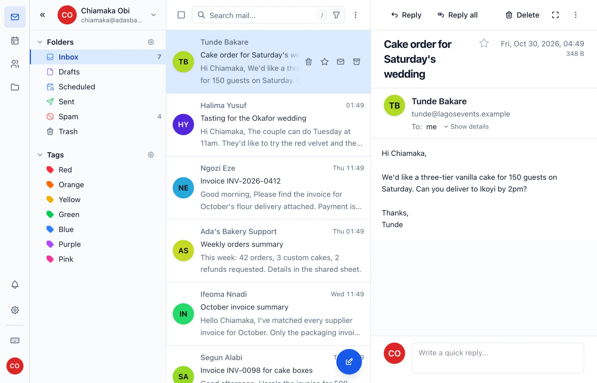 A cake order from a customer open in webmail, with the inbox beside it