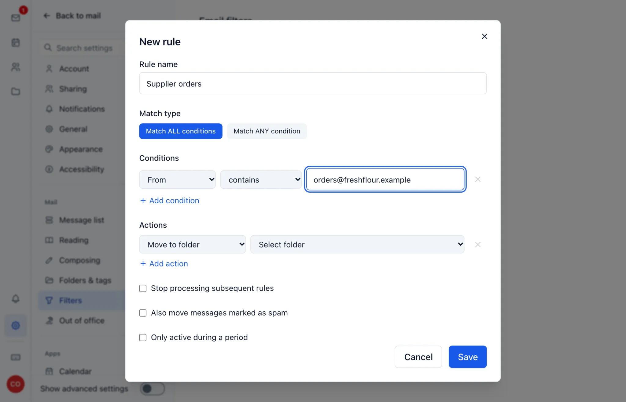 The New rule dialog, moving messages from a supplier's address into a folder