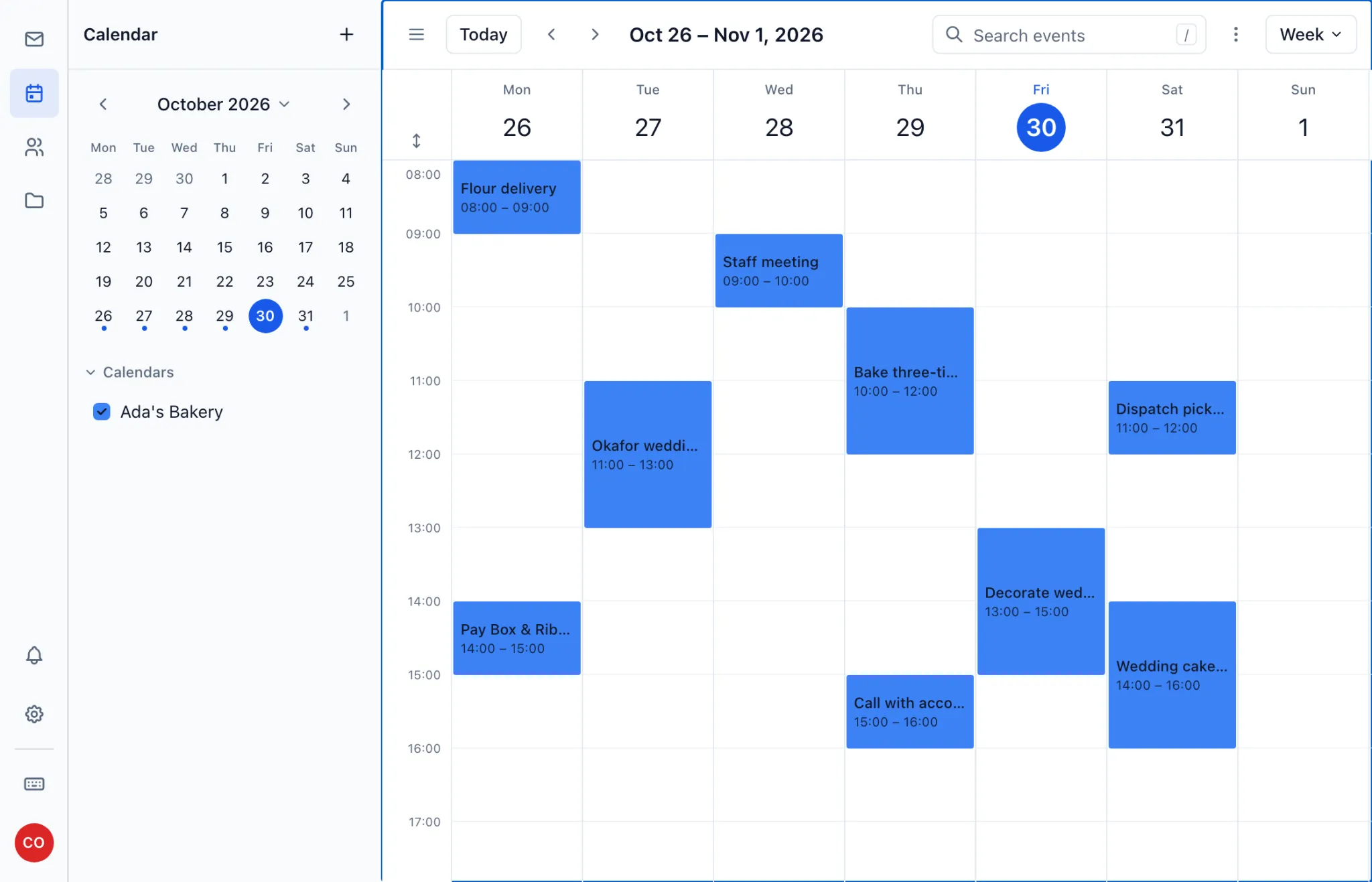 A week of deliveries, tastings and meetings in the webmail calendar