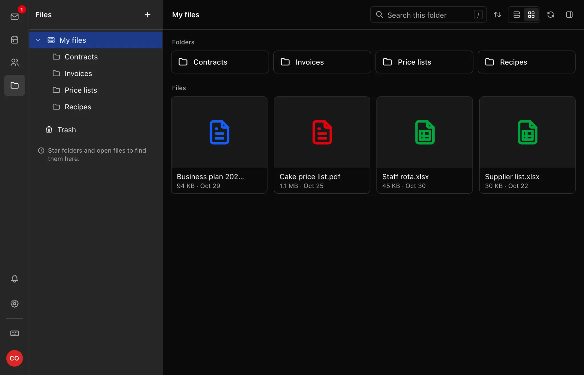Folders for contracts and invoices beside documents in file storage