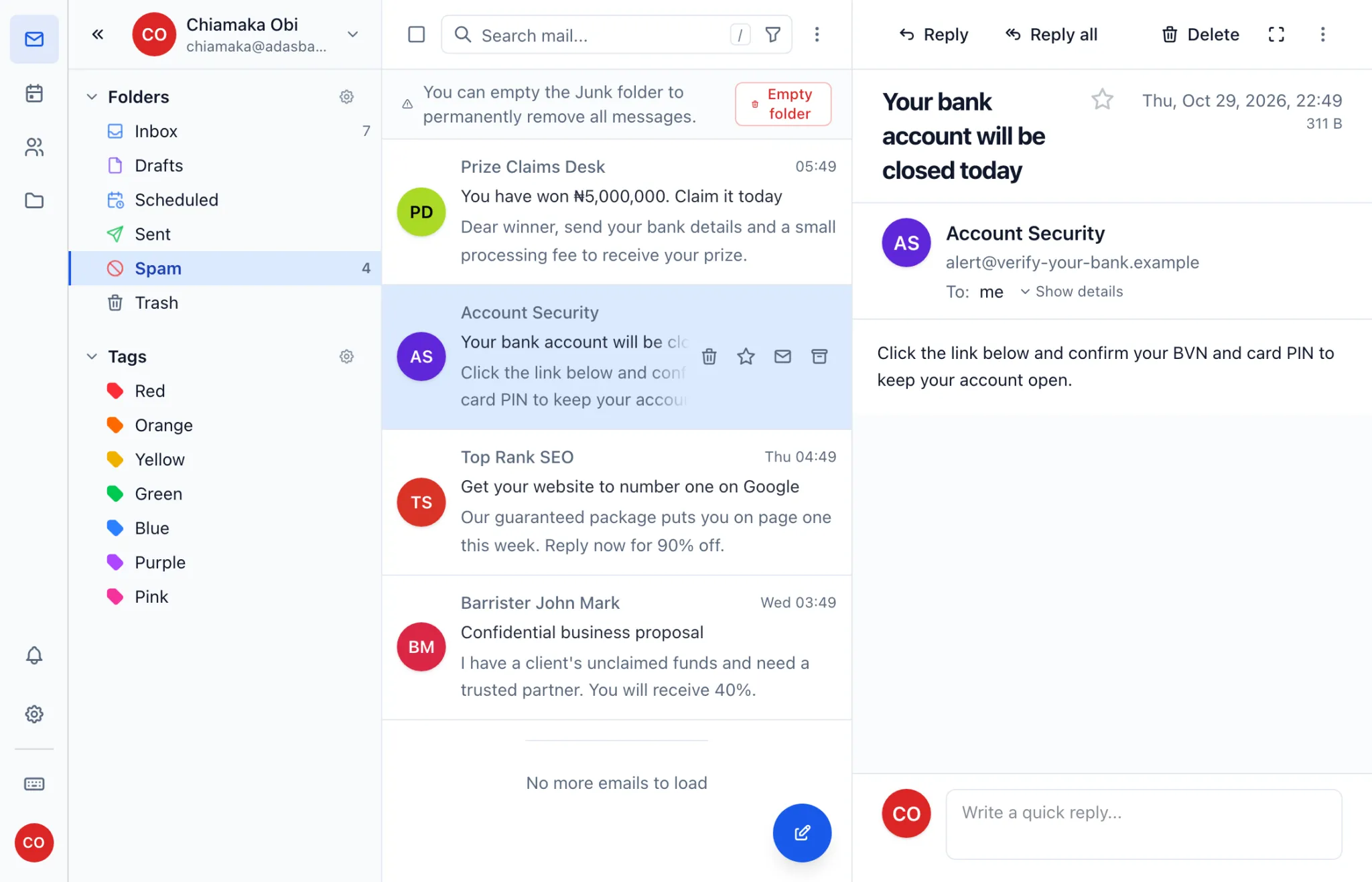 The Spam folder holding a prize scam, a fake bank alert and other junk mail