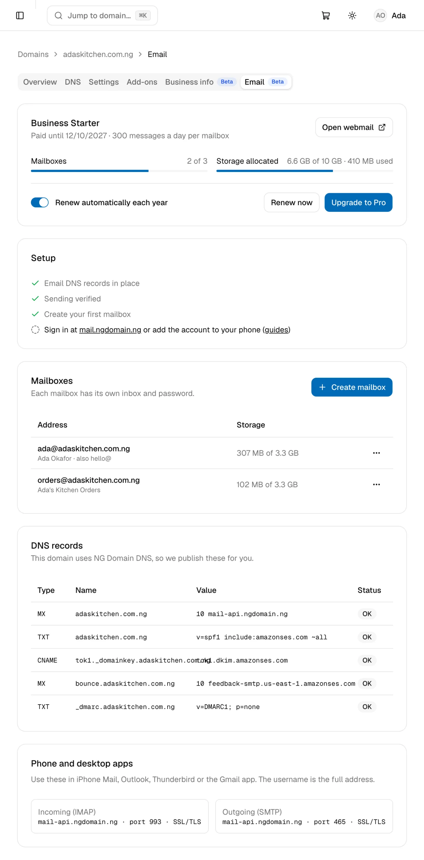 The Email tab with the plan, the setup checklist and two mailboxes