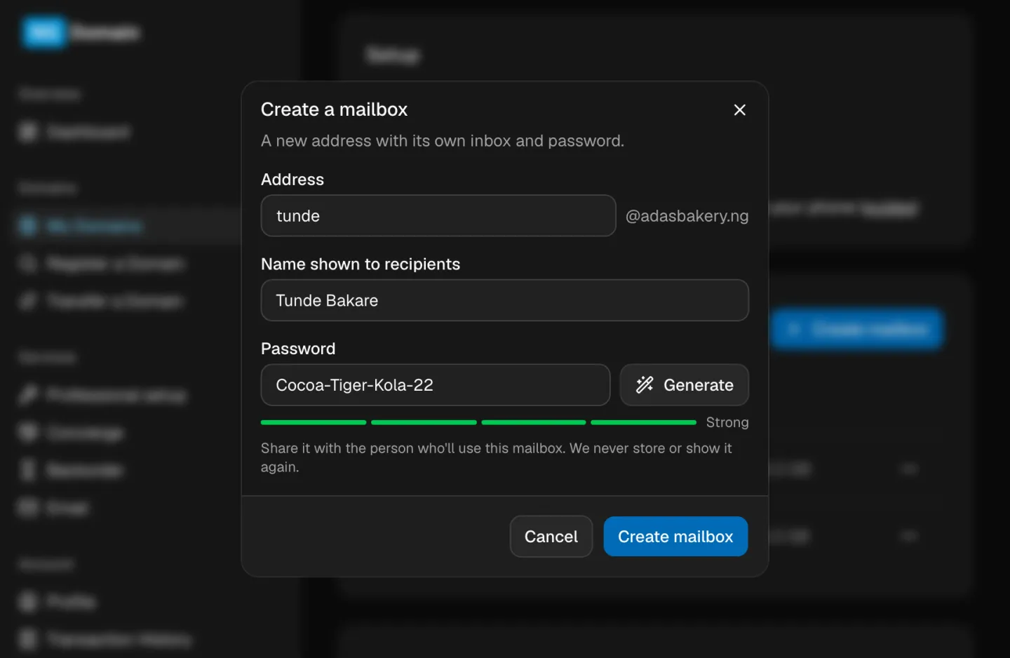 Creating a mailbox in the NG Domain dashboard, with a generated password