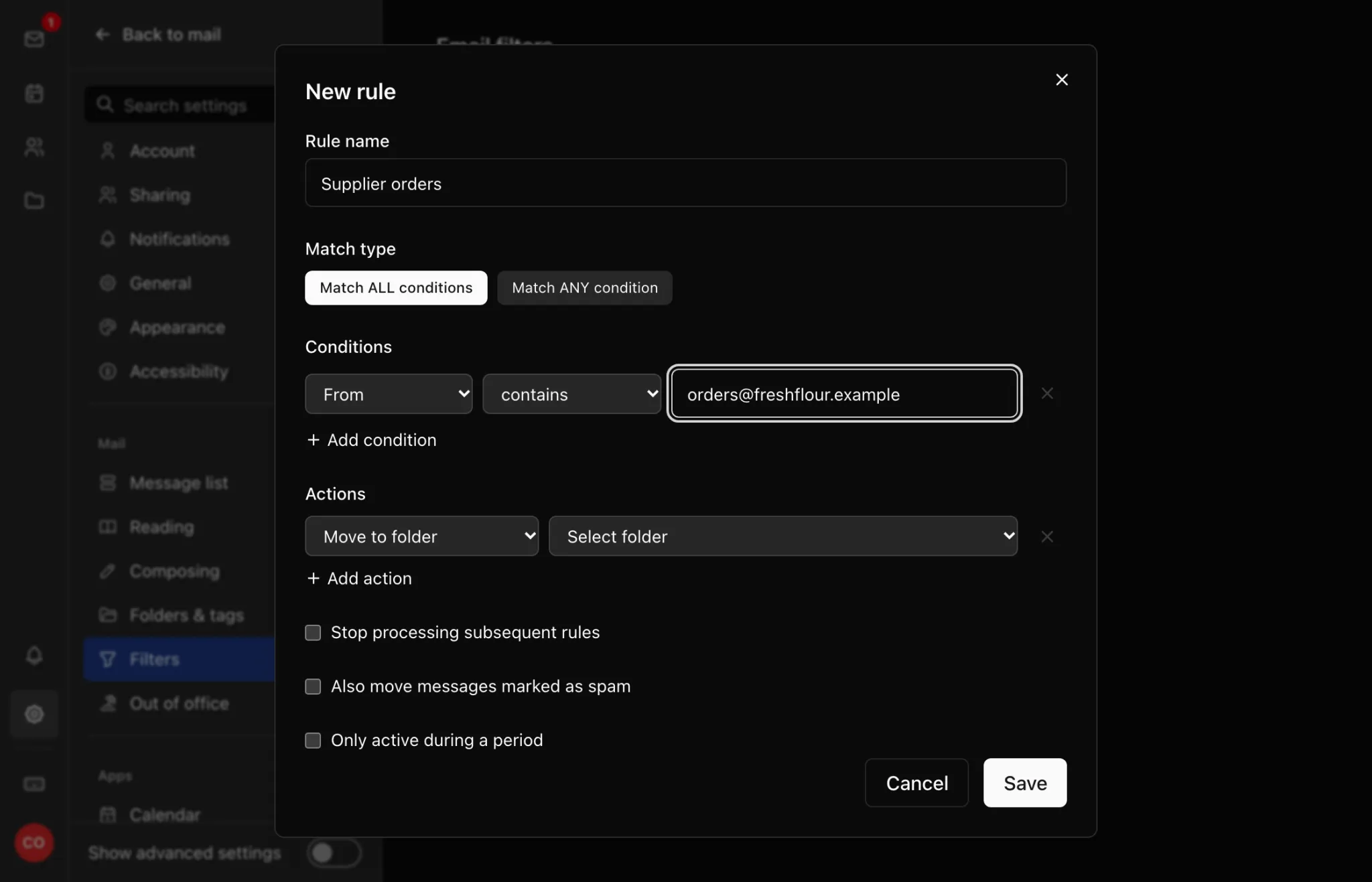 The New rule dialog, moving messages from a supplier's address into a folder